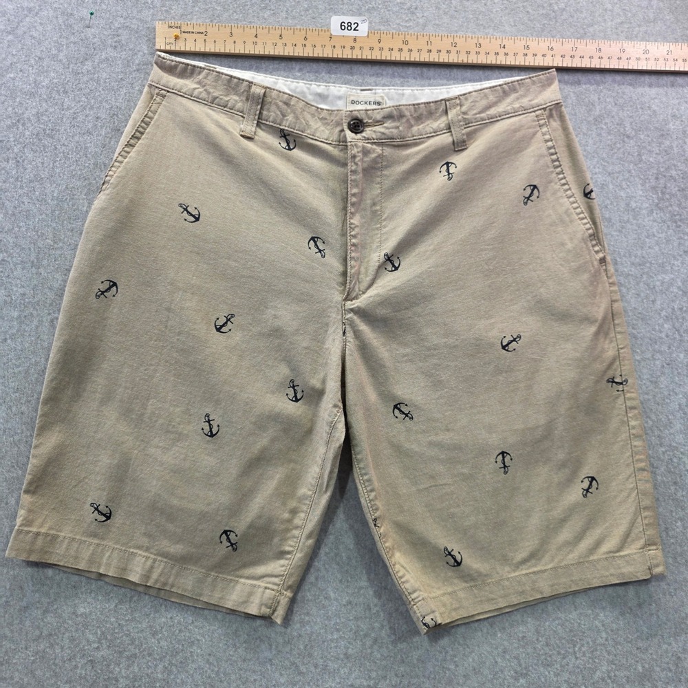Dockers‎ Mens Anchor Embroidered Chino Shorts Tan Khaki Nautical W33 35412-0669